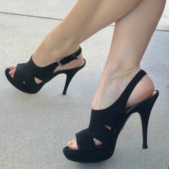 Prada Shoes - PRADA black suede LEATHER slingback HEELS PLATFORM